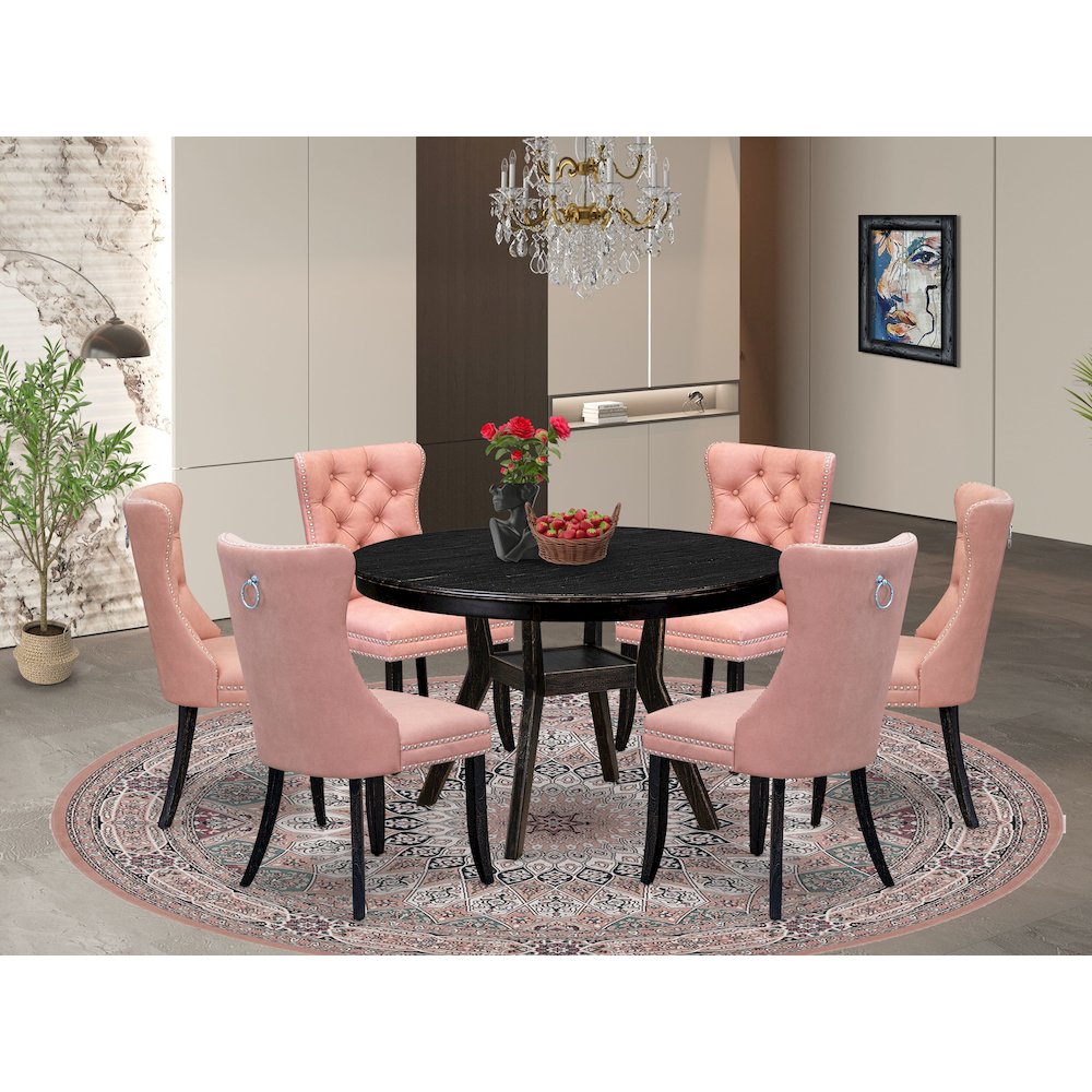 7 Piece Dining Set Includes 48" Round Kitchen Table In Beige Red Color. Picture 2