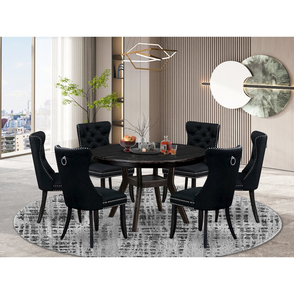 7 Piece Kitchen Table Set Contains 48" Round Table In Black Color. Picture 2