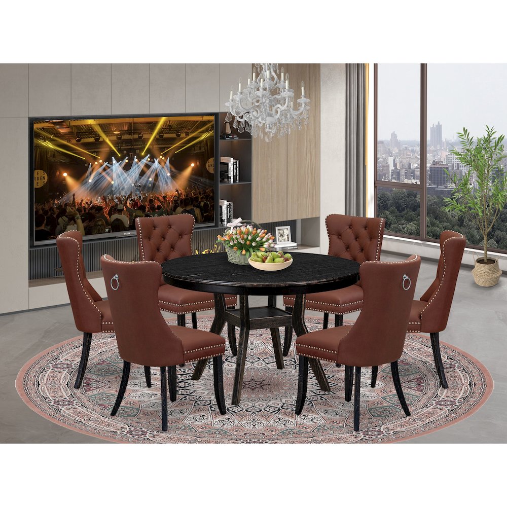 7 Piece Dining Table Set Includes 48" Round Table In Burgandy Color. Picture 2
