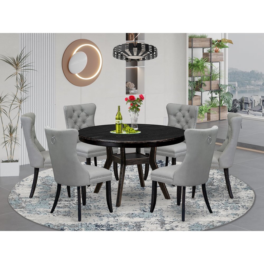 7 Piece Dining Table Set Includes 48" Round Table In Light Gray Color. Picture 2