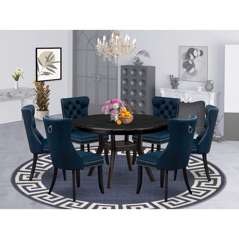 7 Piece Dining Table Set Contains 48" Round Table In Navy Blue Color. Picture 2