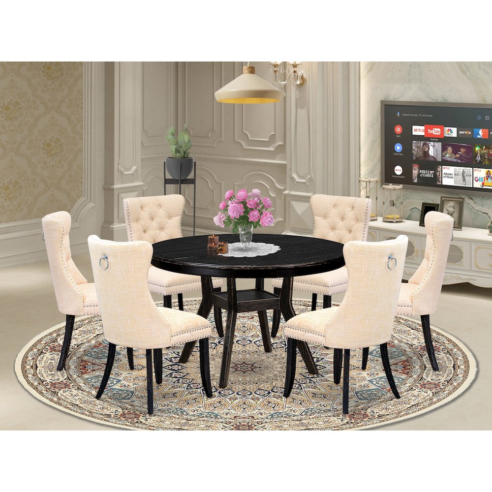 7-Piece Dining Set Of A Wood Table, 6 Light Beige Linen Fabric Kitchen Chair. Picture 2