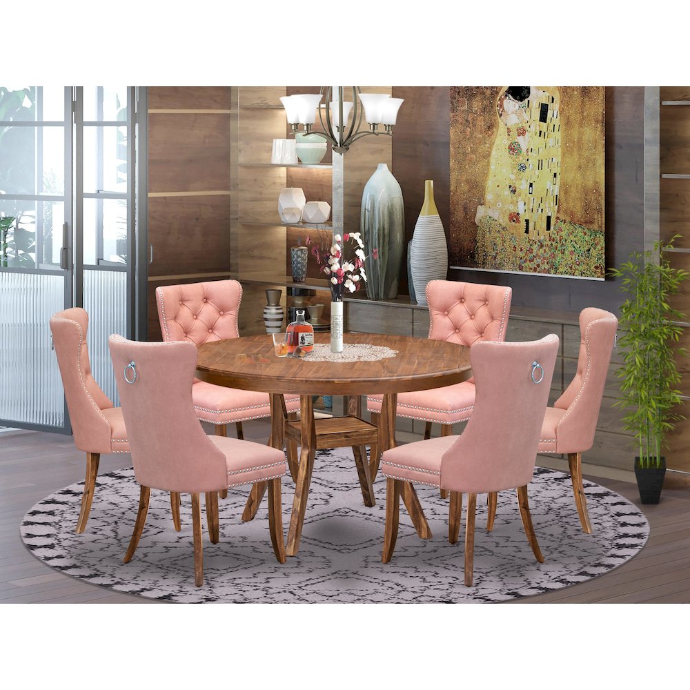 7-Pc Modern Dining Set Consist A Dinner Table And 6 Beige Red Upholstered Chairs. Picture 2