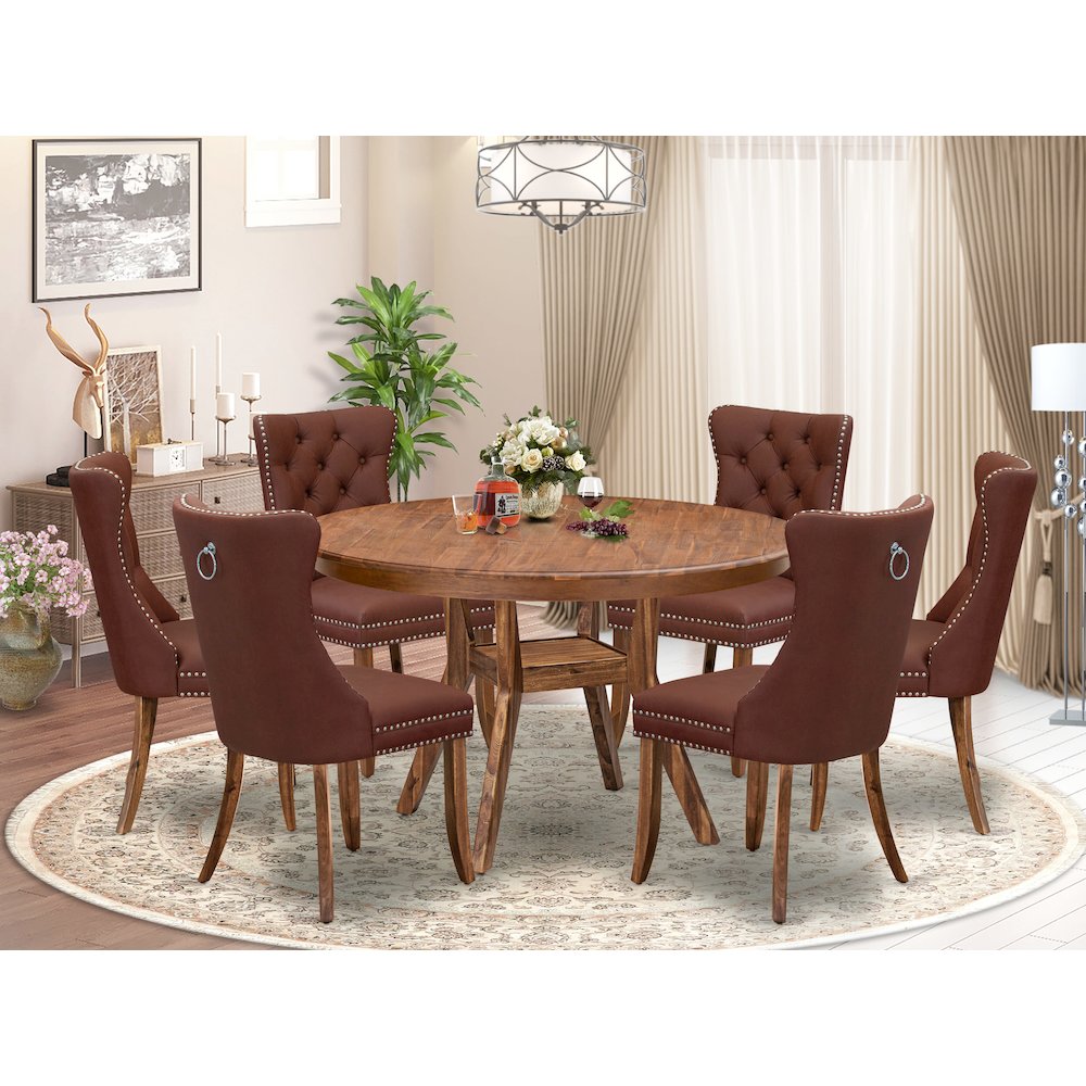 7-Pc Dinner Table Set Consist A Dinner Table And 6 Burgundy Padded Chairs. Picture 2