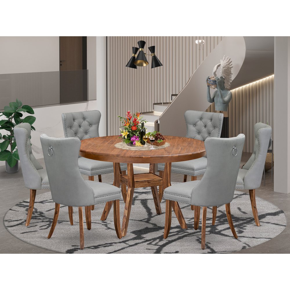 7-Pc Dining Set Consist A Dinner Table And 6 Light Gray Upholstered Chairs. Picture 2