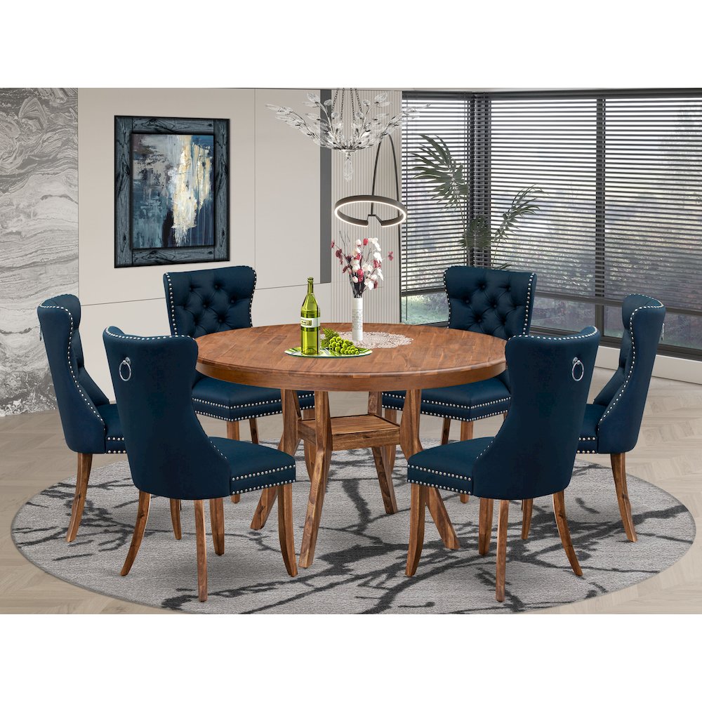 7-Pc Modern Dining Set Consist A Dinner Table And 6 Navy Blue Parson Chairs. Picture 2