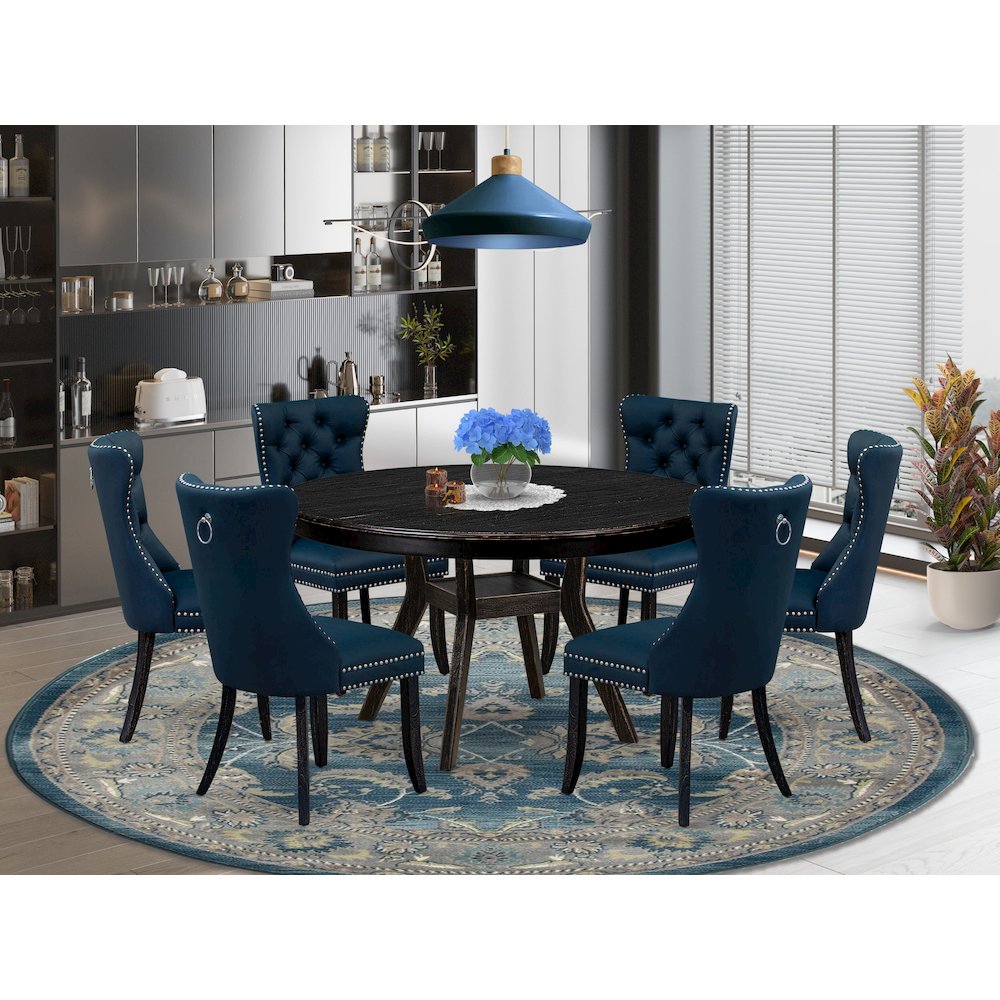 7 Piece Dining Table Set Contains 54" Round Table In Navy Blue Color. Picture 2