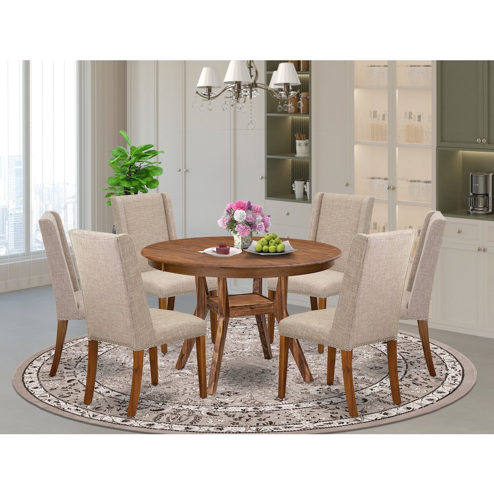 7-Piece Dining A Modern Table And 6 Light Tan Linen Fabric Parsons Chairs. Picture 2