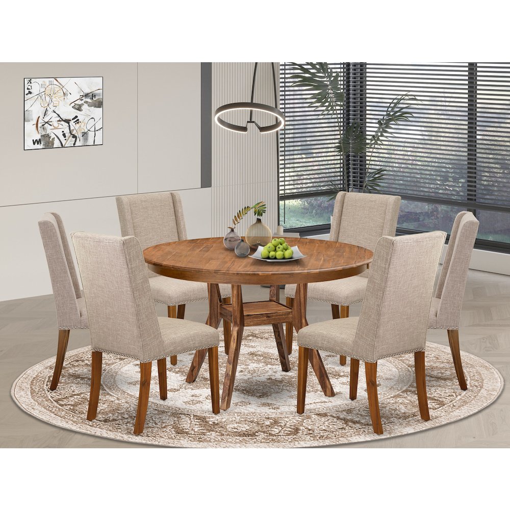 7-Piece Mid Century Dining Set Of A Dinner Table, 6 Light Tan Modern Chair. Picture 2