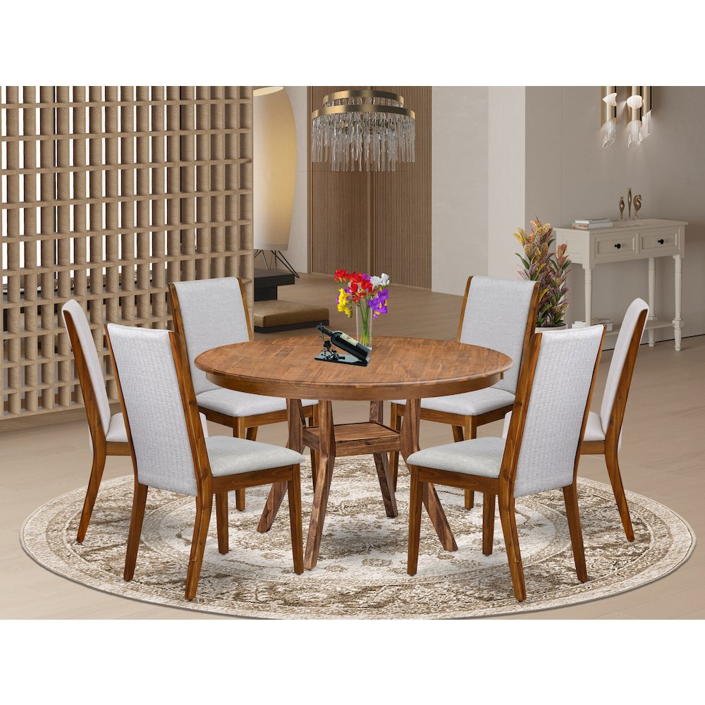 7-Pc Mid Century Modern Dining Set A Dinning Table, 6 Grey Fabric Padded Chairs. Picture 2