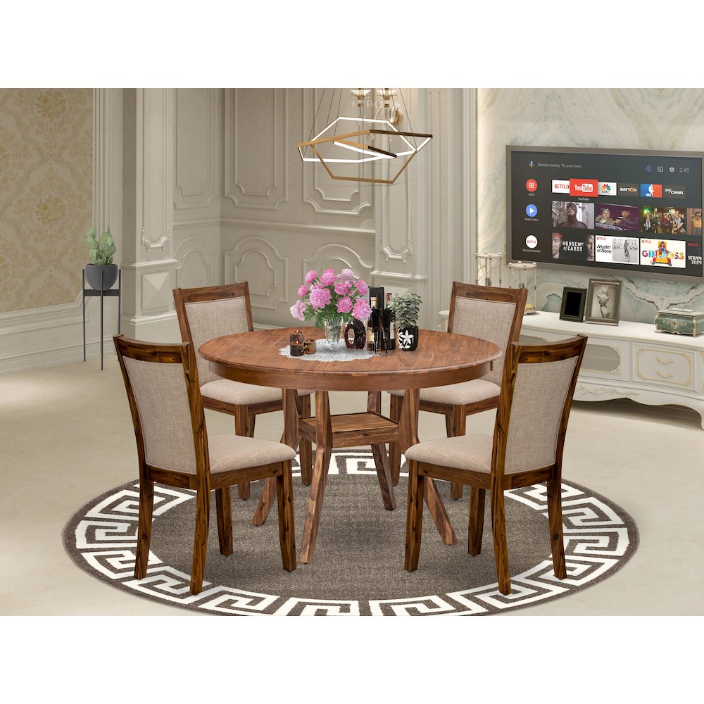 5-Pc Dining Set A Pedestal Breakfast Table, 4 Light Tan Fabric Modern Chairs. Picture 2