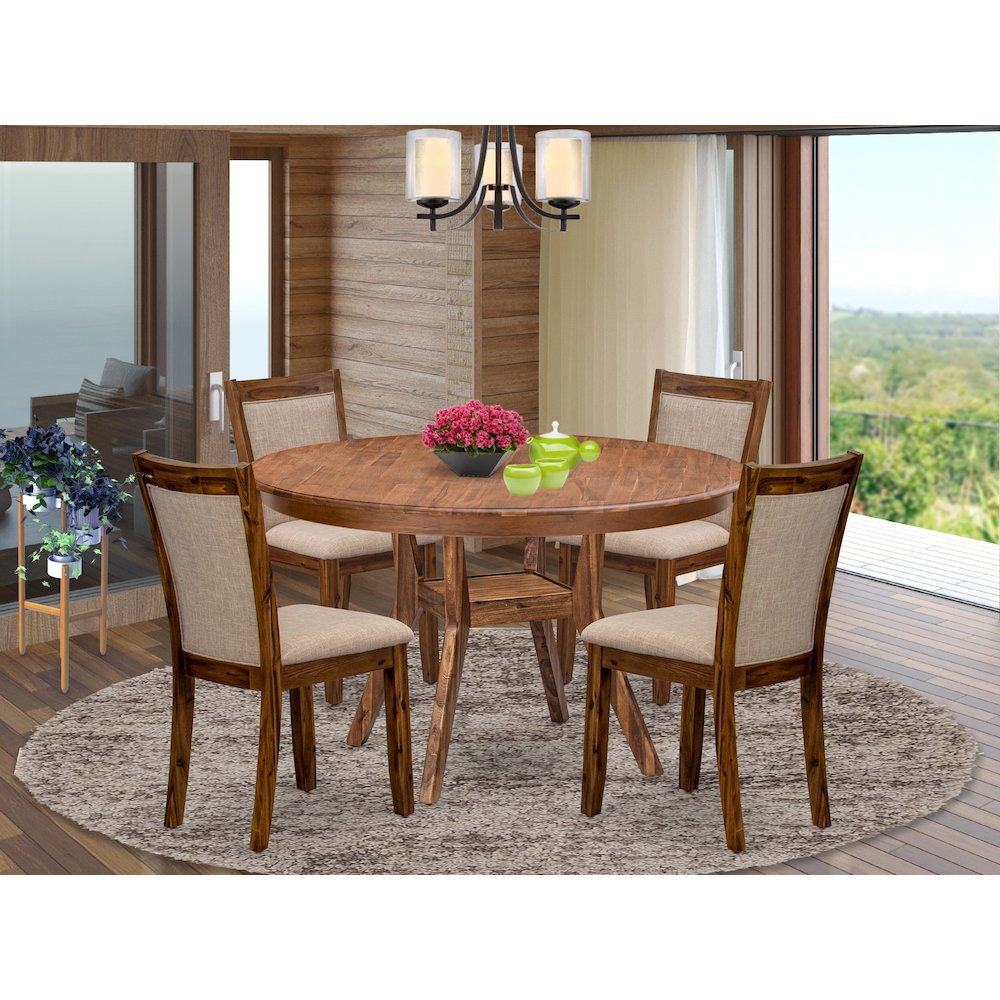5-Pc Modern Dining Set A Pedestal Wooden Table, 4 Light Tan Fabric Dining Chairs. Picture 2