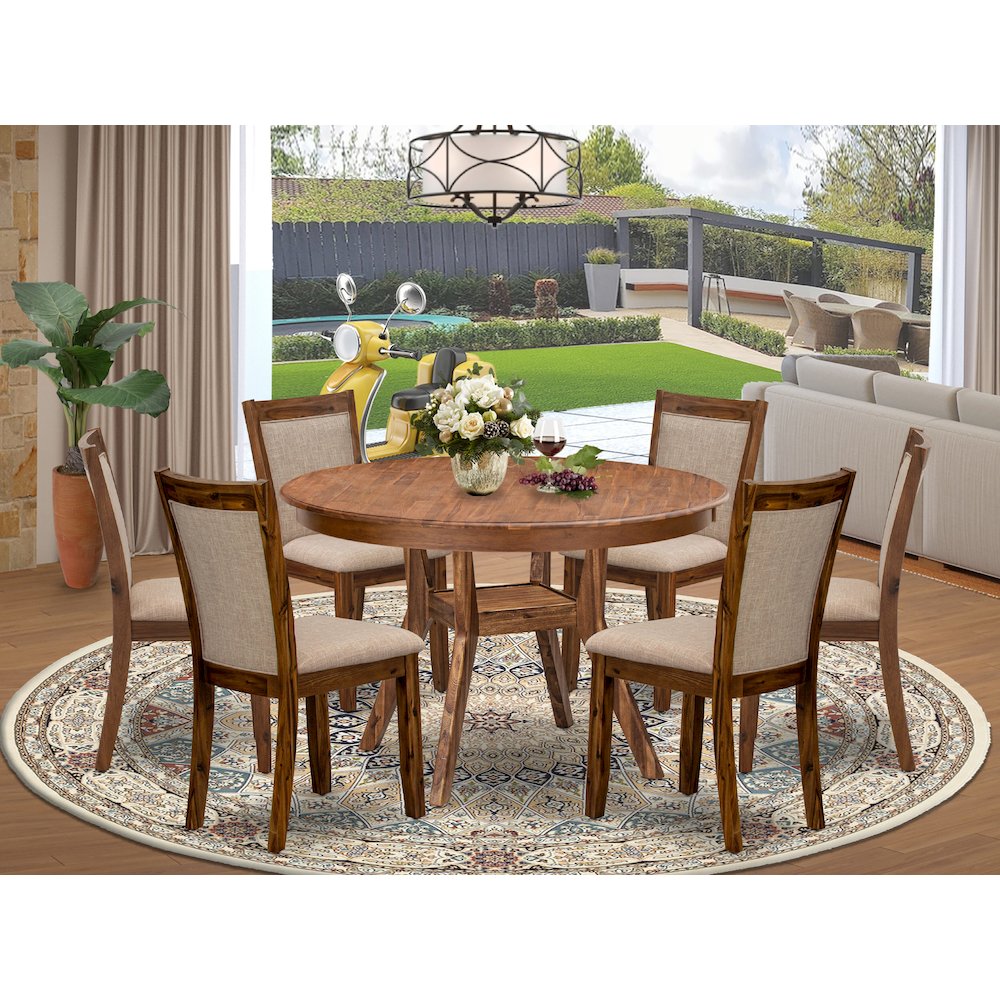 7-Pc Dining Set Of A Pedestal Kitchen Table, 6 Light Tan Upholstered Chairs. Picture 2