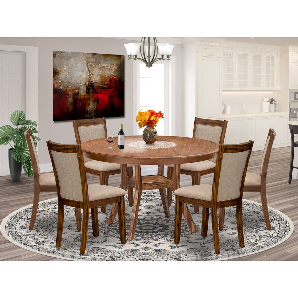 7-Pc Kitchen Table Set Of A Pedestal Breakfast Table, 6 Light Tan Fabric Chairs. Picture 2