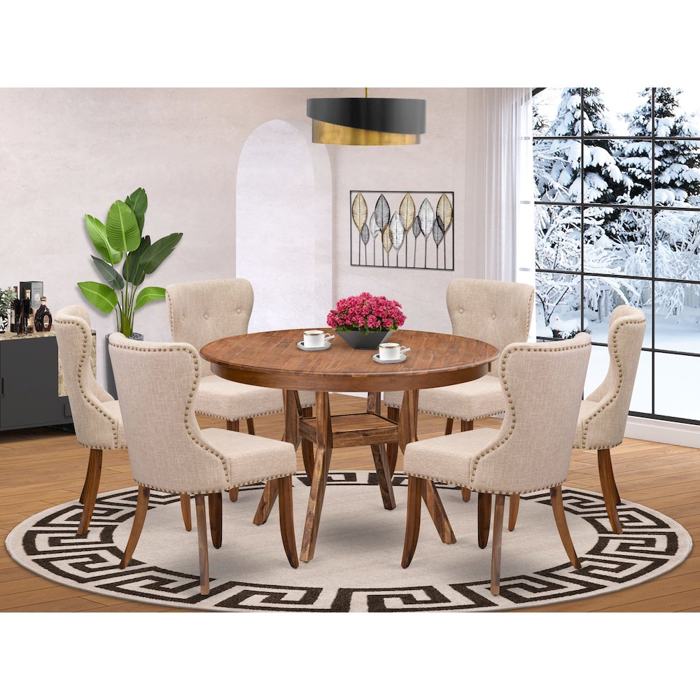 7-Pc Modern Dining Set A Pedestal Kitchen Table, 6 Light Tan Linen Fabric Chairs. Picture 2
