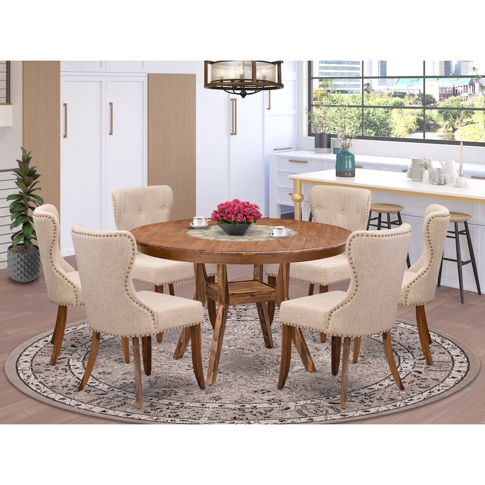 7-Pc Dining Set Of A Pedestal Dining Table, 6 Light Tan Fabric Parson Chairs. Picture 2