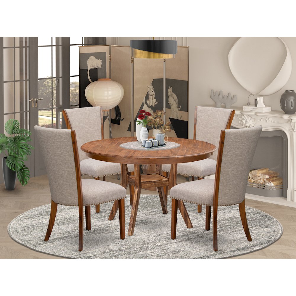 5 Piece Dining Set Consists Of 54" Round Kitchen Table In Light Tan Color. Picture 2