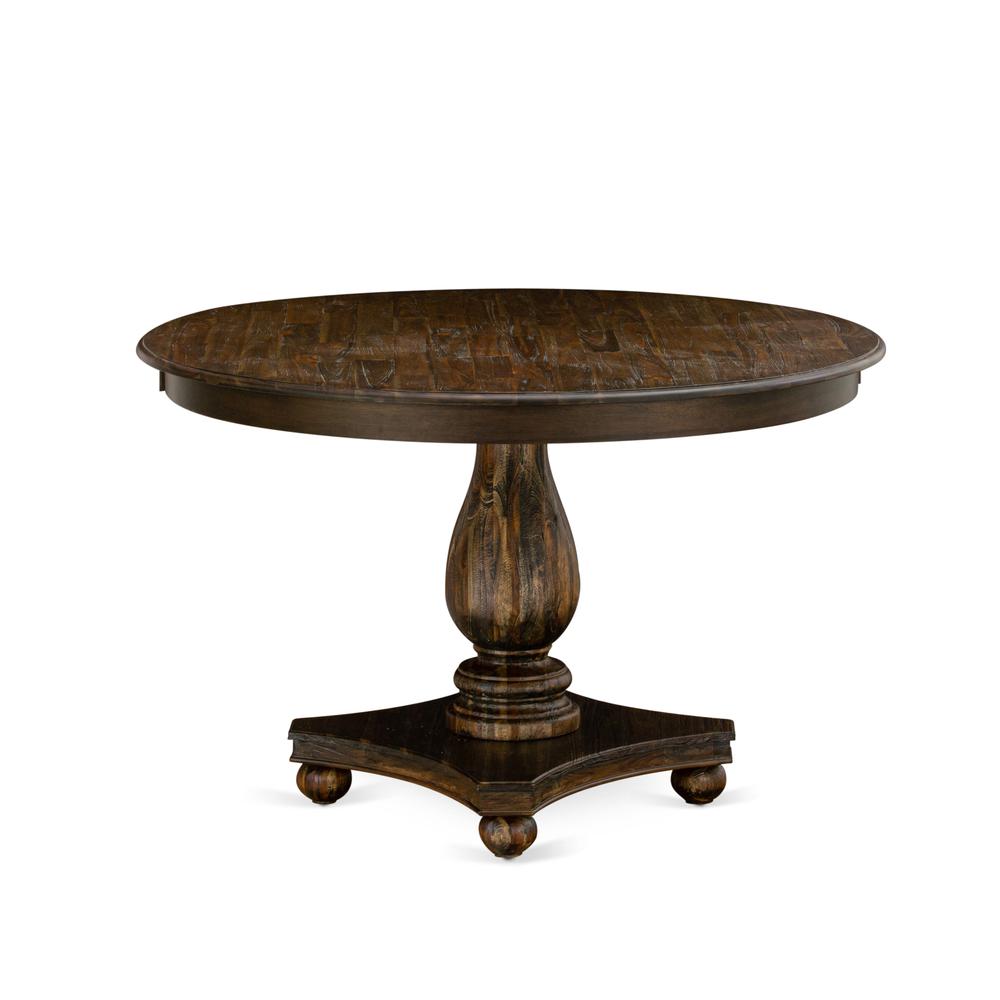East West Furniture FERRIS Round Dinette Table with Pedestal, Rustic Rubberwood Table in Distressed Jacobean Finish, 48 Inch. Picture 1