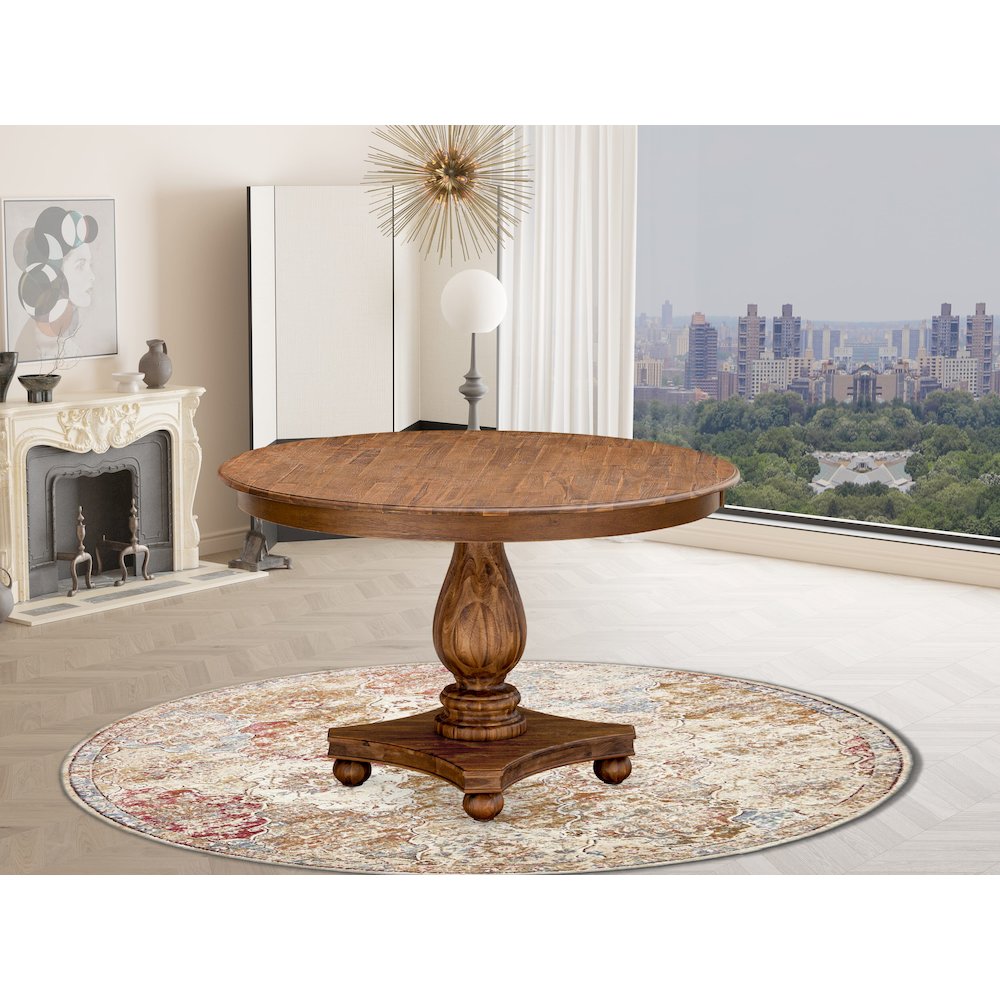 F2MZ7-N04 7-Pc Modern Dining Set - Wooden Pedestal Table and 6 Light Tan Parson Chairs with High Back - Antique Walnut Finish. Picture 2