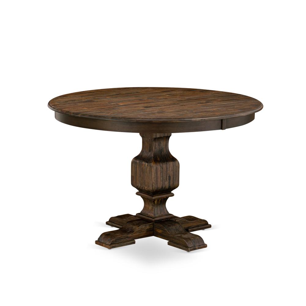 East West Furniture FERRIS Rounded Kitchen Table with Pedestal, Rustic Wooden Table in Distressed Jacobean Finish, 48 Inch. Picture 1