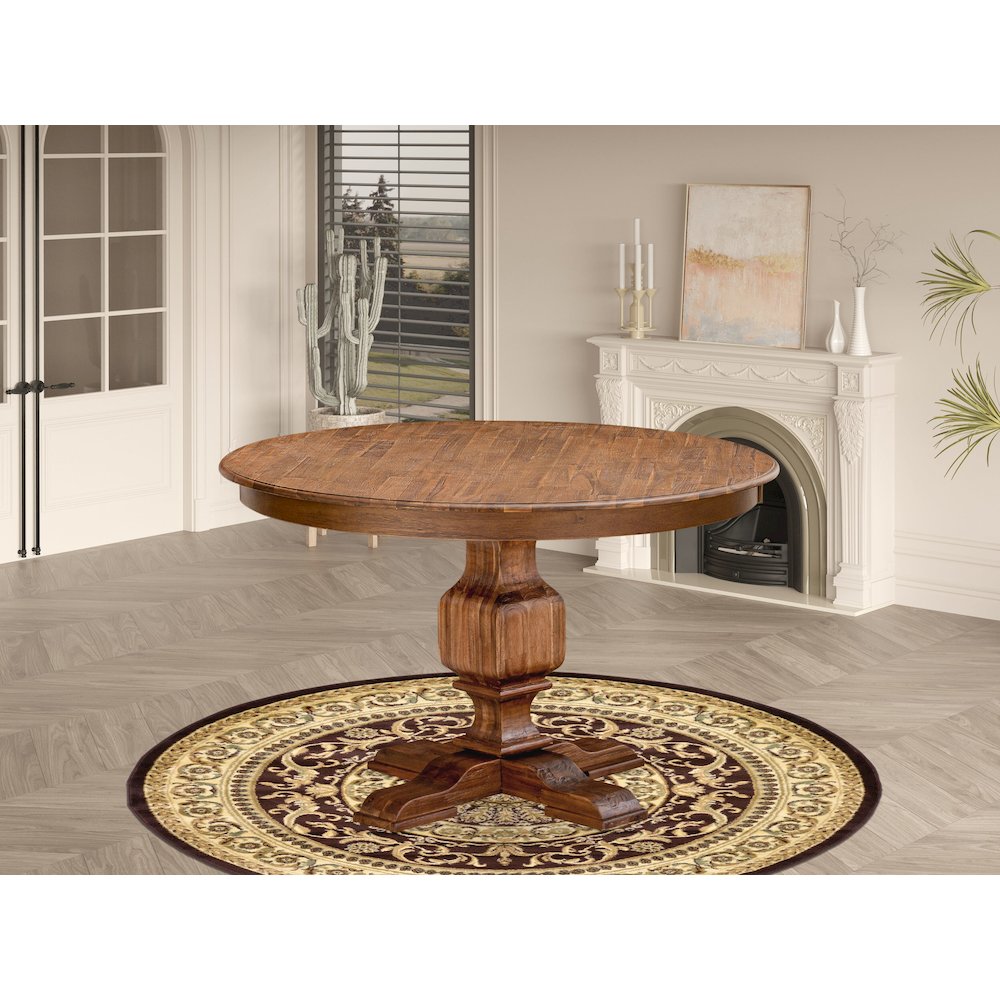 East West Furniture FERRIS Round Dining Table with Pedestal, Rustic Rubberwood Table in Sandblasting Antique Walnut Finish, 48 Inch. Picture 2