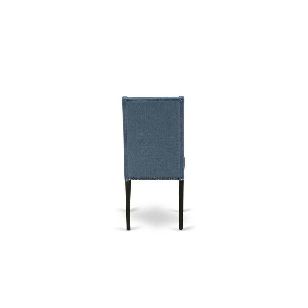 7-piece wood dining table set with Chair’s Legs and Mineral Blue Linen Fabric. Picture 11
