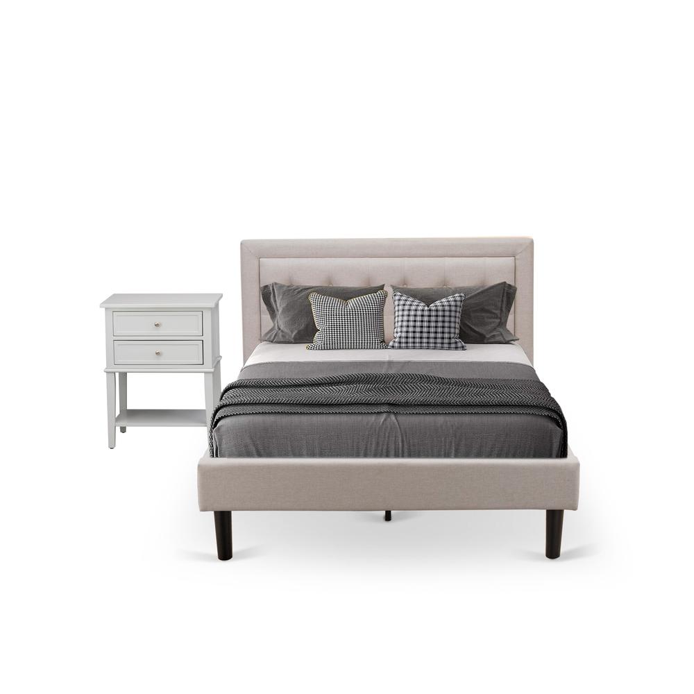 FN08F-1VL14 2-Pc Platform Bedroom Set with 1 Full Size Bed Frame and a Night Stand - Mist Beige Linen Fabric. Picture 1