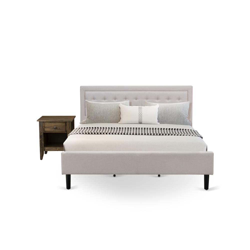 FN08K-1GA07 2-Piece Platform Wooden Set for Bedroom with 1 King Frame and 1 End Table - Mist Beige Linen Fabric. Picture 1