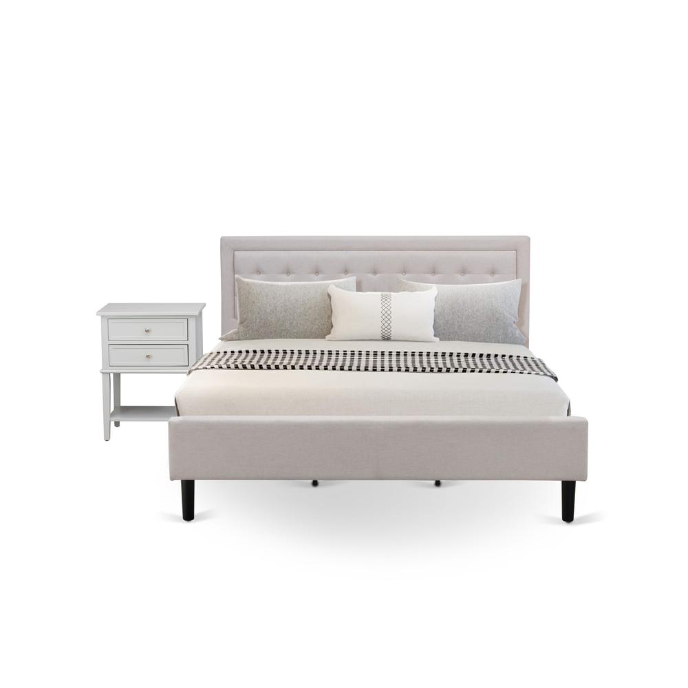 FN08K-1VL14 2-Piece Platform King Size Bedroom Set with 1 Wingback Bed and a Mid Century Nightstand - Mist Beige Linen Fabric. Picture 1
