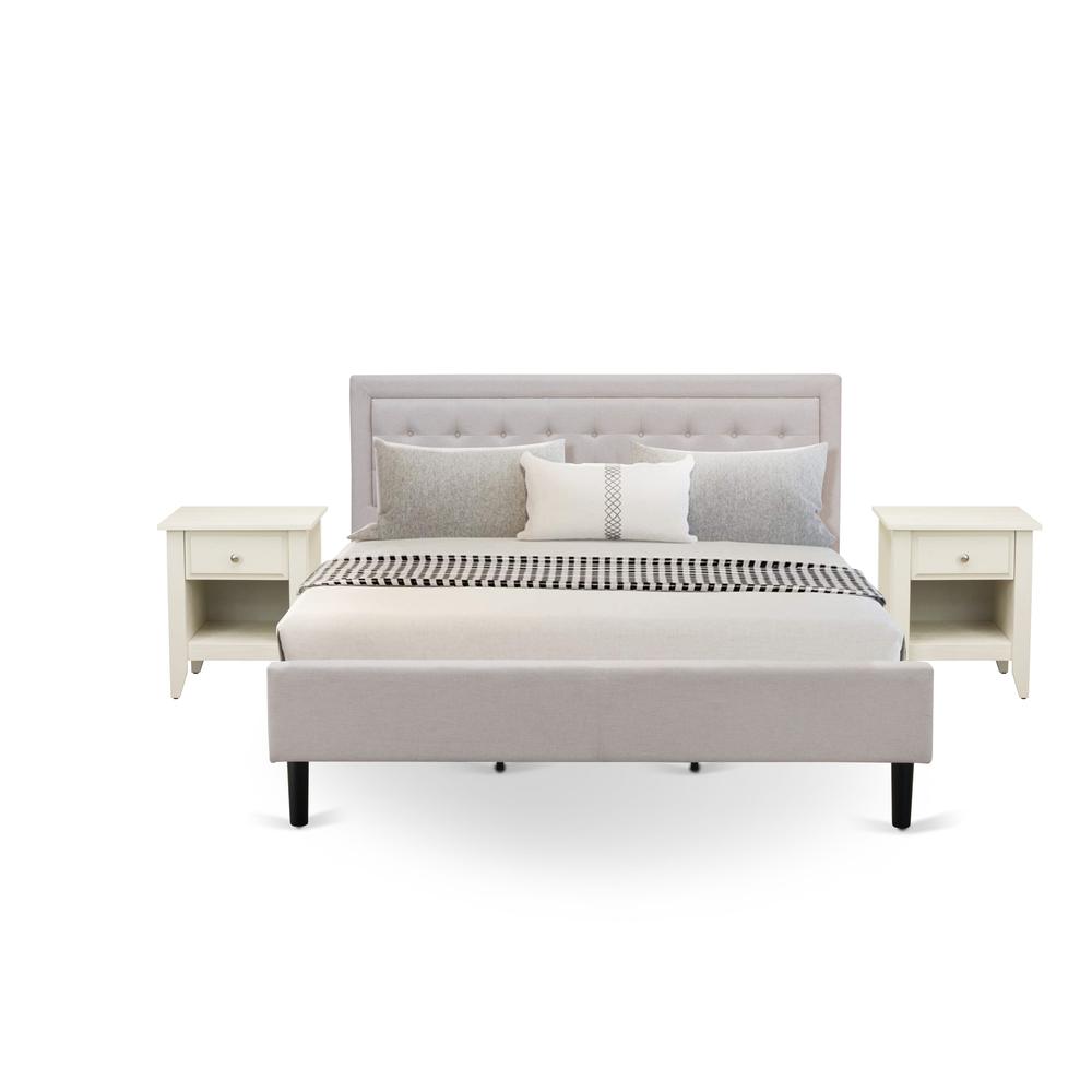 FN08K-2GA0C 3-Piece Platform King Size Bed Set with 1 King Size Bed Frame and 2 Mid Century Nightstands - Mist Beige Linen Fabric. Picture 1
