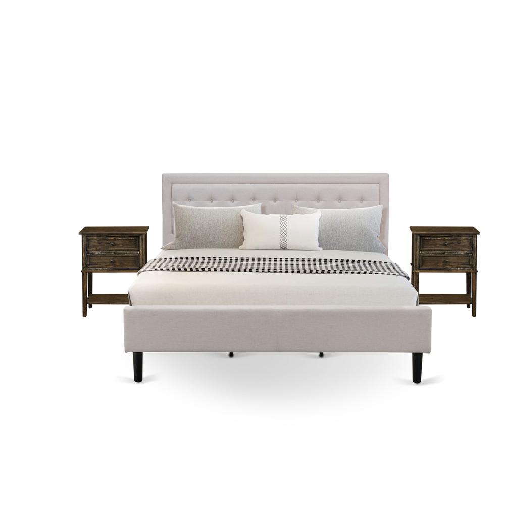 FN08K-2VL07 3-Piece Platform King Size Bed Set with 1 Wingback Bed and 2 Small End Tables - Mist Beige Linen Fabric. Picture 1