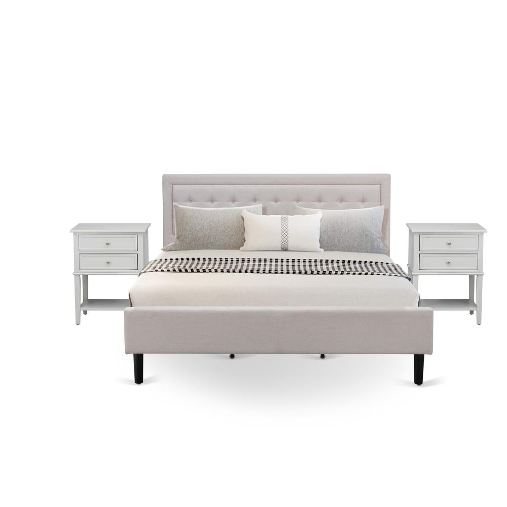 FN08K-2VL14 3-Piece Platform King Size Bedroom Set with 1 Mid Century Bed and 2 Night Stands - Mist Beige Linen Fabric. Picture 1