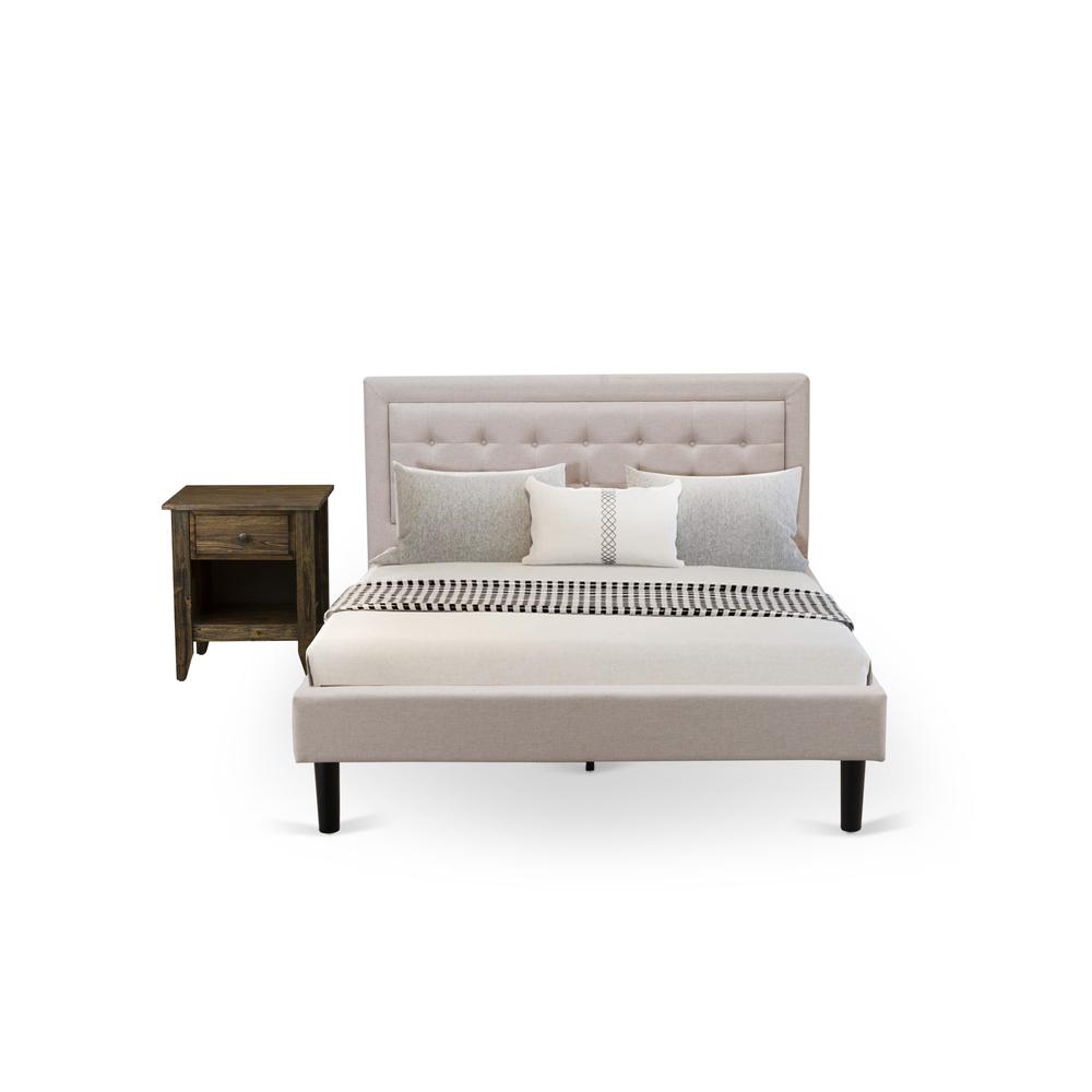 FN08Q-1GA0C 2-Pc Platform Queen Bed Set Furniture with 1 Queen Size Frame and a Mid Century Nightstand - Mist Beige Linen Fabric. Picture 1
