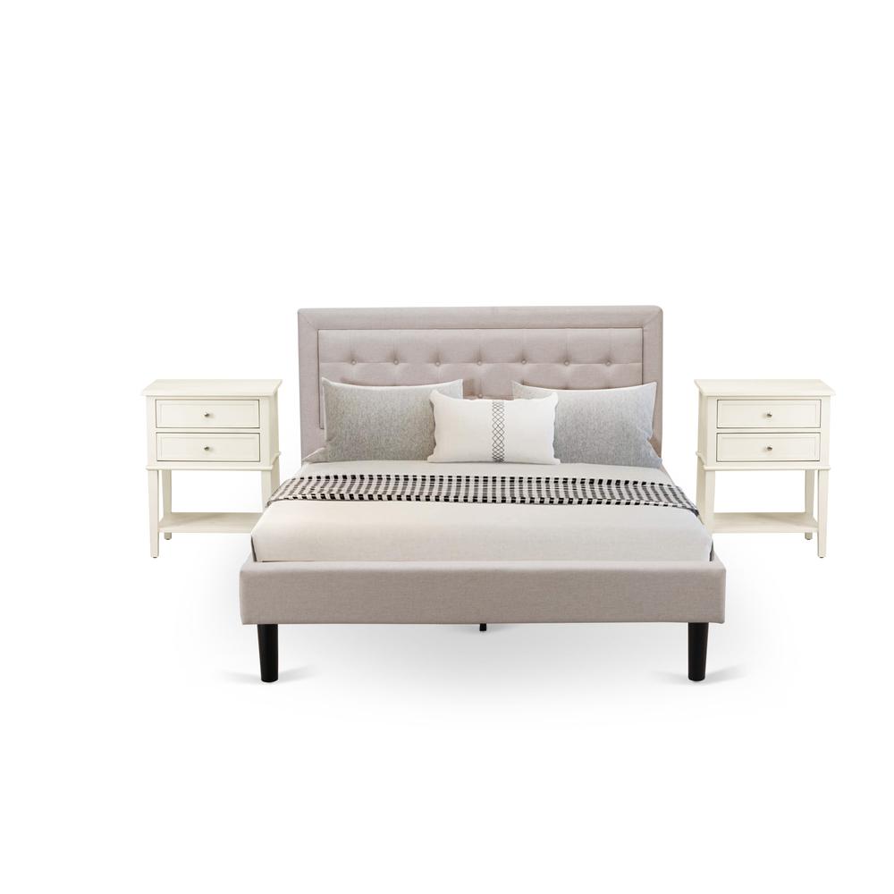 FN08Q-2VL0C 3-Piece Platform Bedroom Set with 1 Queen Size Bed Frame and 2 Small End Tables - Mist Beige Linen Fabric. Picture 1