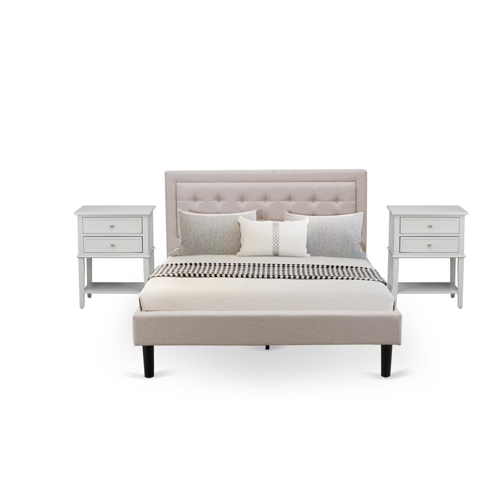 FN08Q-2VL14 3-Piece Fannin Bedroom Set with 1 Queen Bed and 2 Night Stands - Mist Beige Linen Fabric. Picture 1