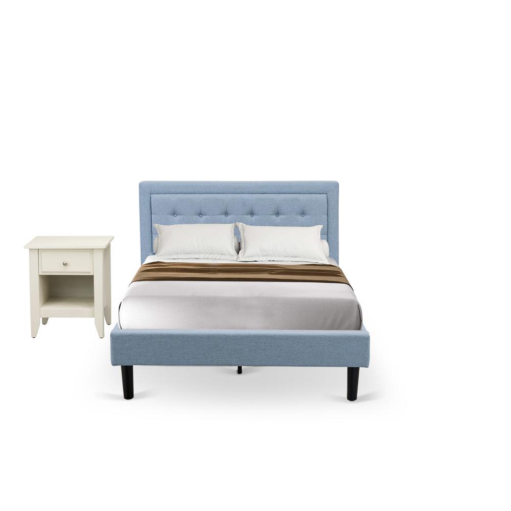 FN11F-1GA0C 2-Piece Platform Full Bedroom Set with 1 Full Bed Frame and a Wooden Night Stand - Denim Blue Linen Fabric. Picture 1
