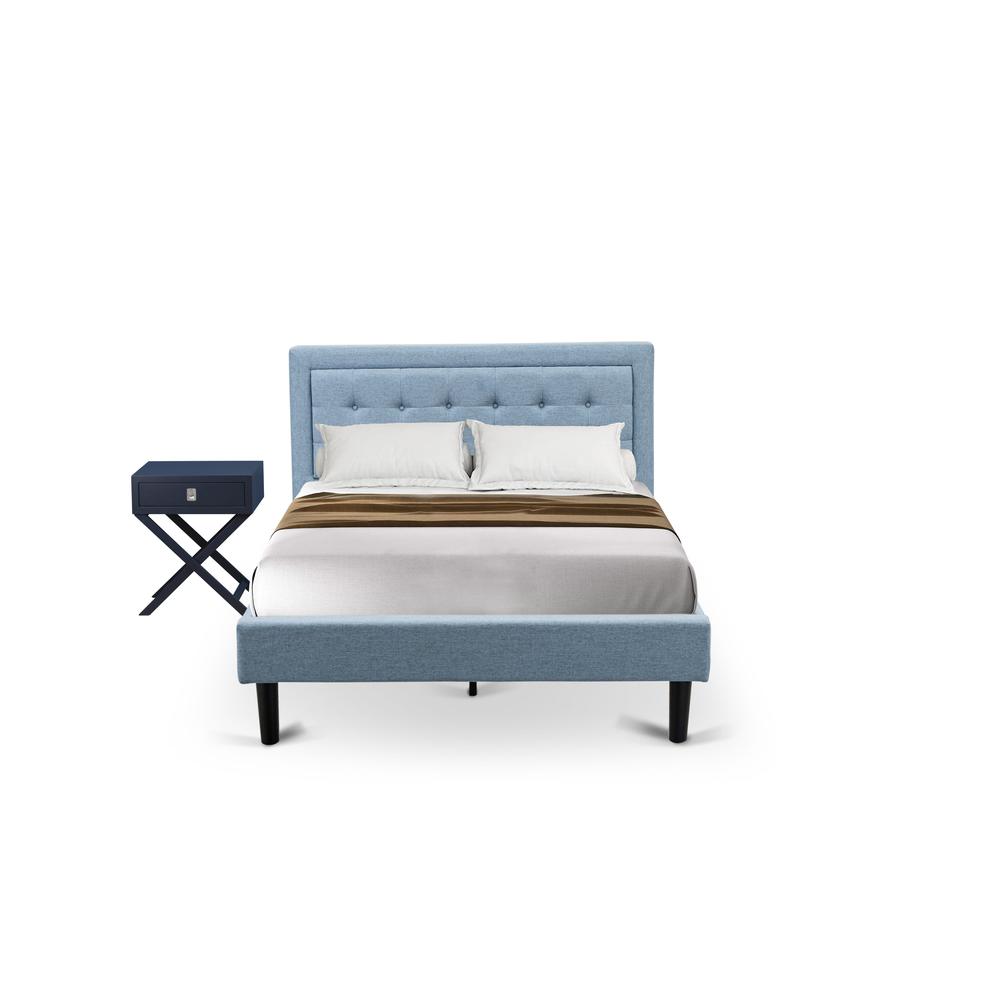 FN11F-1HA15 2-Pc Fannin Full Size Bedroom Set with 1 Wood Bed Frame and a Mid Century Modern Nightstand - Denim Blue Linen Fabric. Picture 1