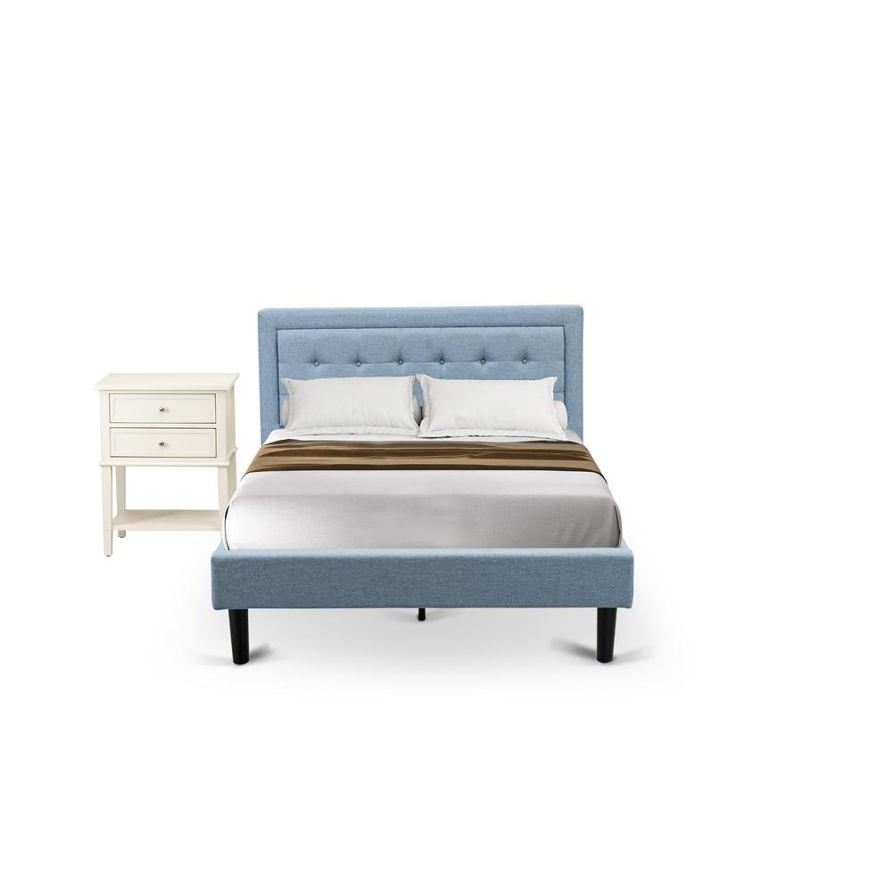 FN11F-1VL0C 2-Piece Platform Full Size Bedroom Set with 1 Mid Century Bed and a Bedroom Nightstand - Denim Blue Linen Fabric. Picture 1