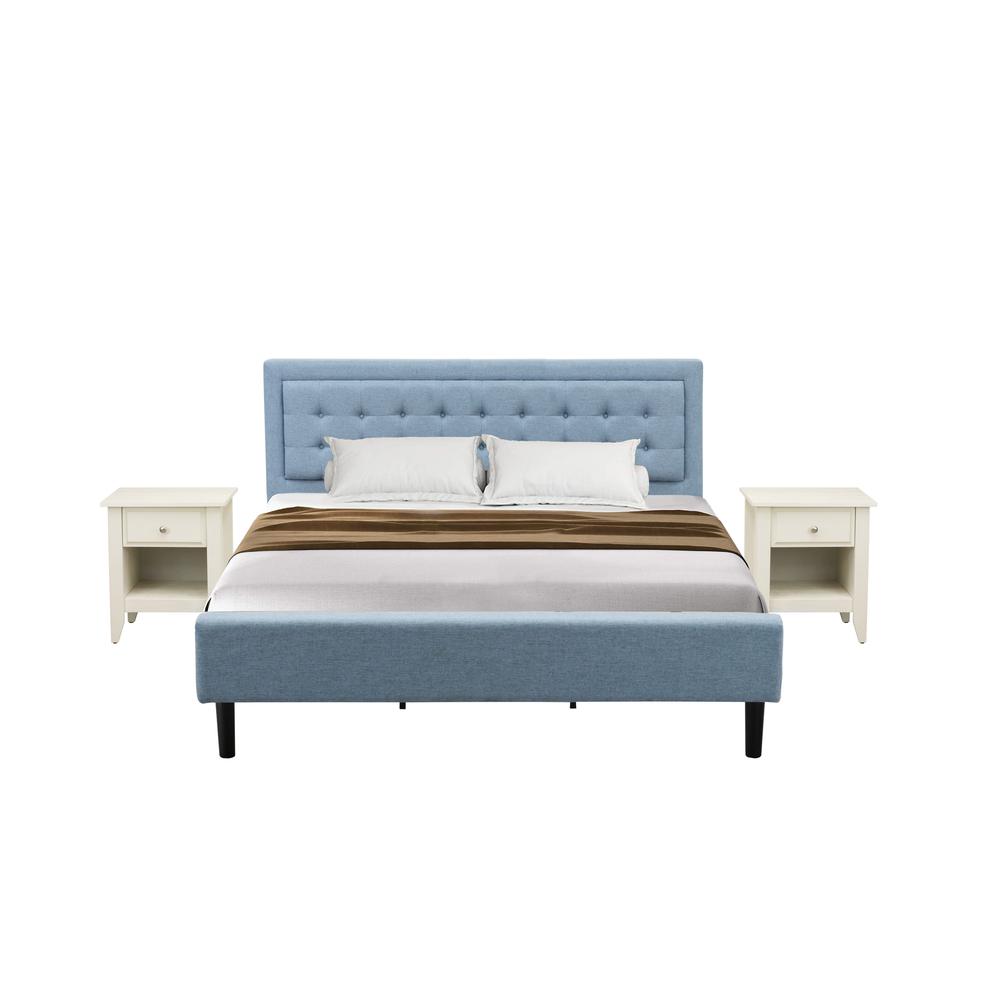FN11K-2GA0C 3-Piece Platform King Bedroom Set with 1 Wood Bed Frame and 2 Modern Nightstands - Denim Blue Linen Fabric. Picture 1