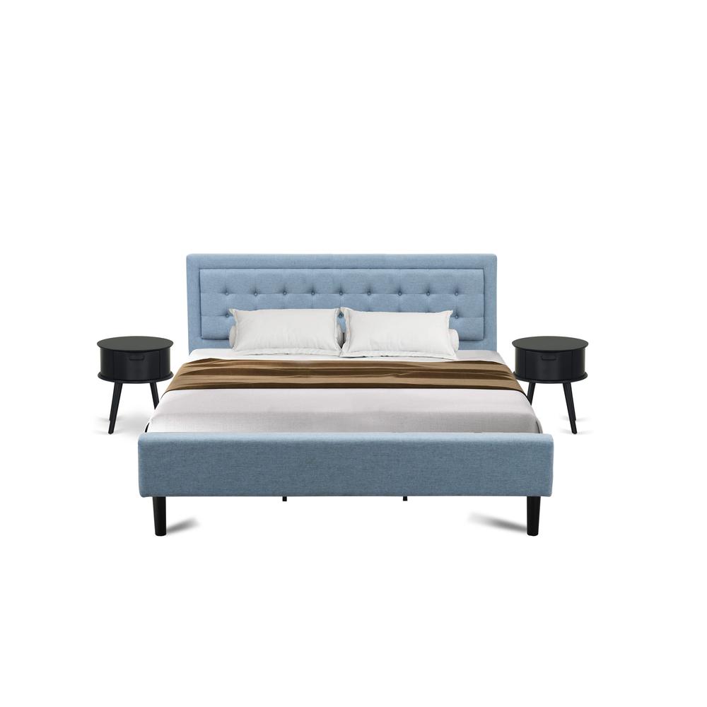 FN11K-2GO15 3-Piece Platform King Size Bedroom Set with 1 King Size Frame and 2 End Tables for bedroom - Denim Blue Linen Fabric. Picture 1