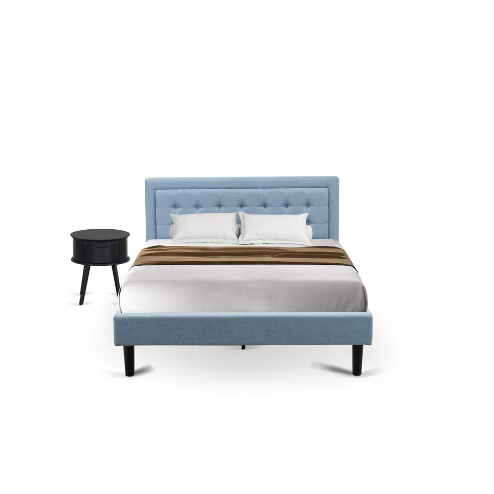FN11Q-1GO15 2-Piece Platform Bedroom Furniture Set with 1 Platform Bed and a Wood Nightstand - Denim Blue Linen Fabric. Picture 1