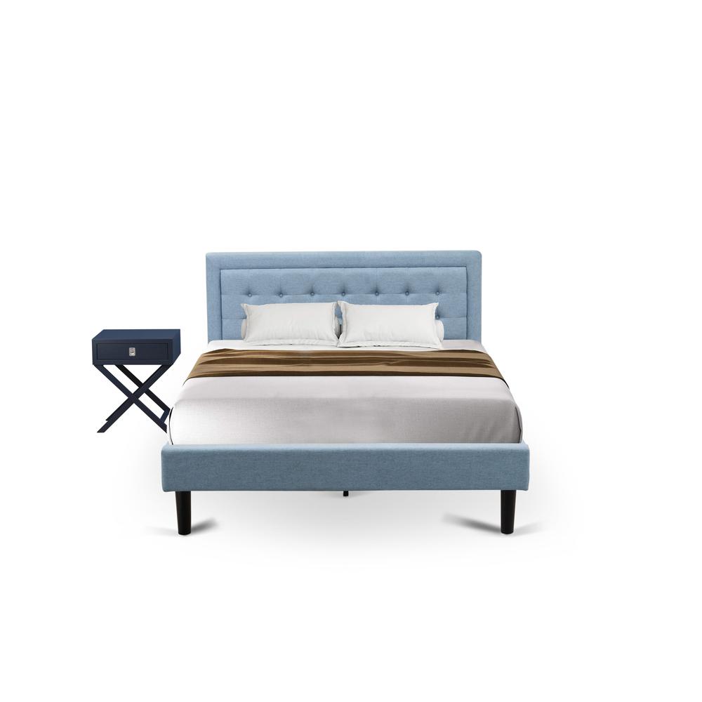 FN11Q-1HA15 2-Piece Platform Queen Bed Set Furniture with 1 Platform Bed and an End Table for bedroom - Denim Blue Linen Fabric. Picture 1