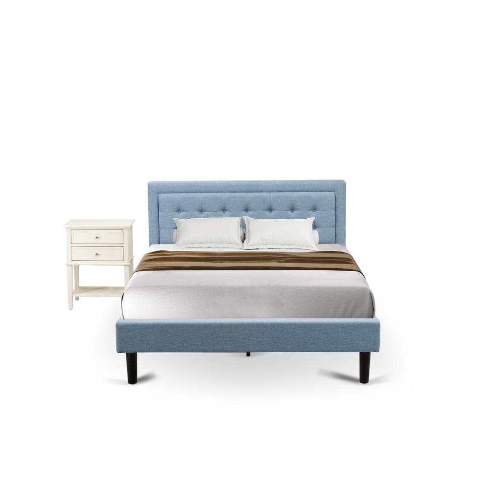 FN11Q-1VL0C 2-Pc Platform Queen Bed Set Furniture with 1 Wood Bed Frame and a Night Stand for Bedrooms - Denim Blue Linen Fabric. Picture 1