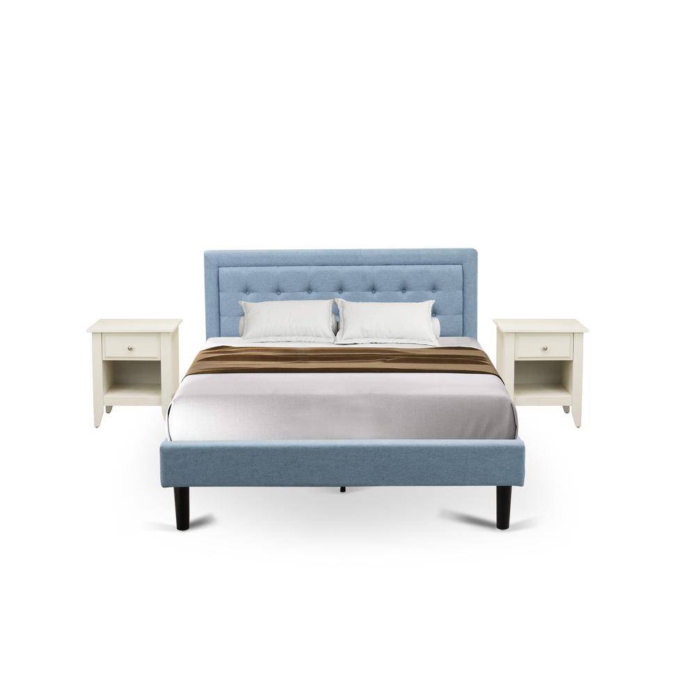 FN11Q-2GA0C 3-Piece Fannin Queen Bedroom Set with 1 Modern Bed and 2 Night Stands for Bedrooms - Denim Blue Linen Fabric. Picture 1