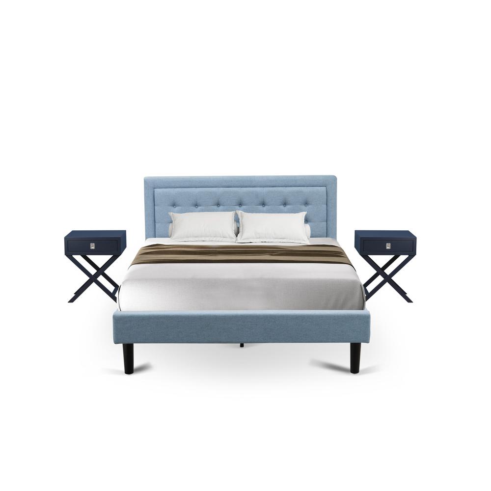 East West Furniture 3-Piece Fannin Wooden Set for Bedroom with 1 Platform Bed Frame and 2 Modern Nightstands - Reliable and Sturdy Construction - Denim Blue Linen Fabric. Picture 1