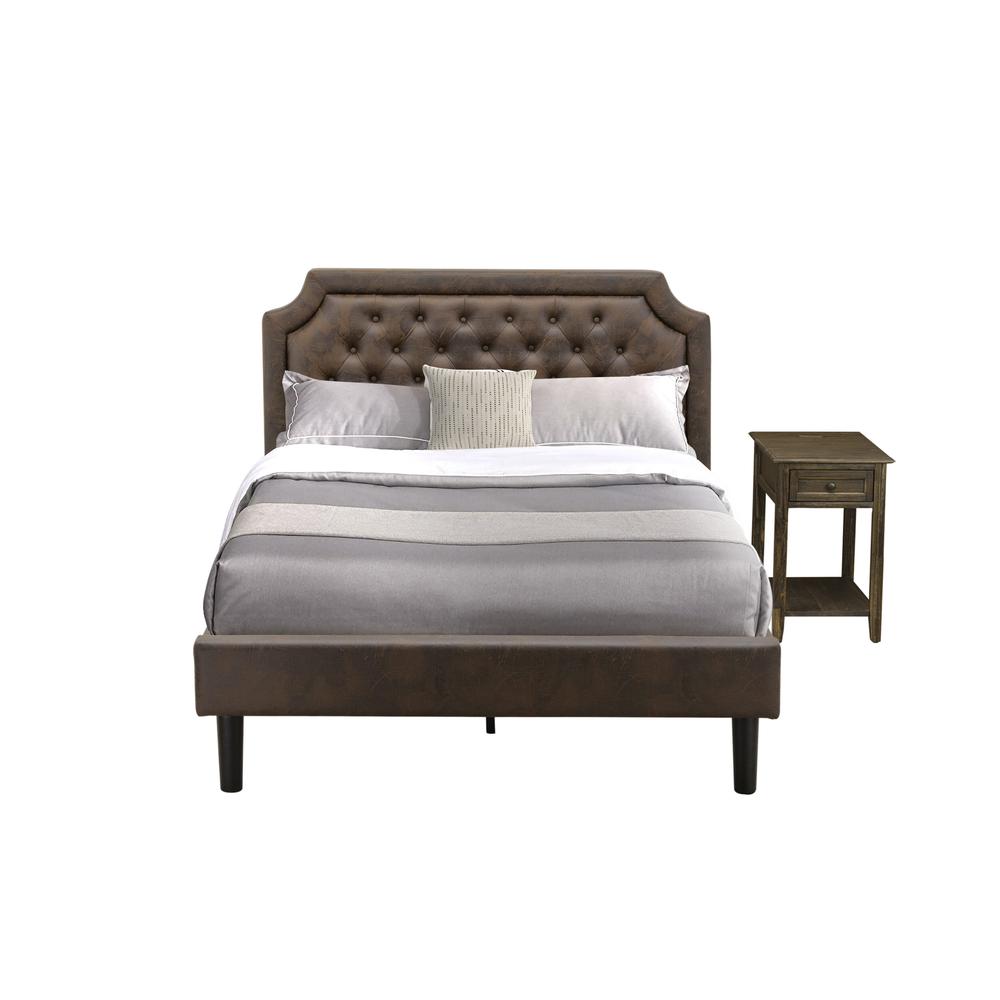 GB25F-1DE07 2-Pc Full Bed Set with Bed and 1 Distresses Jacobean Mid Century Nightstand - Dark Brown Faux Leather and Black Legs. Picture 1
