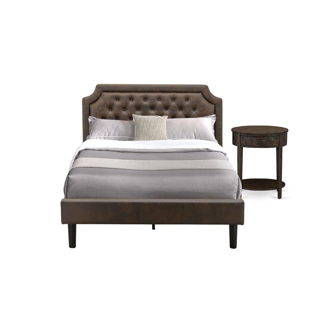 GB25F-1HI07 2-Piece Full Bed Set with Upholstered Bed and Distressed Jacobean Night Stand - Dark Brown Faux Leather and Black Legs. Picture 1