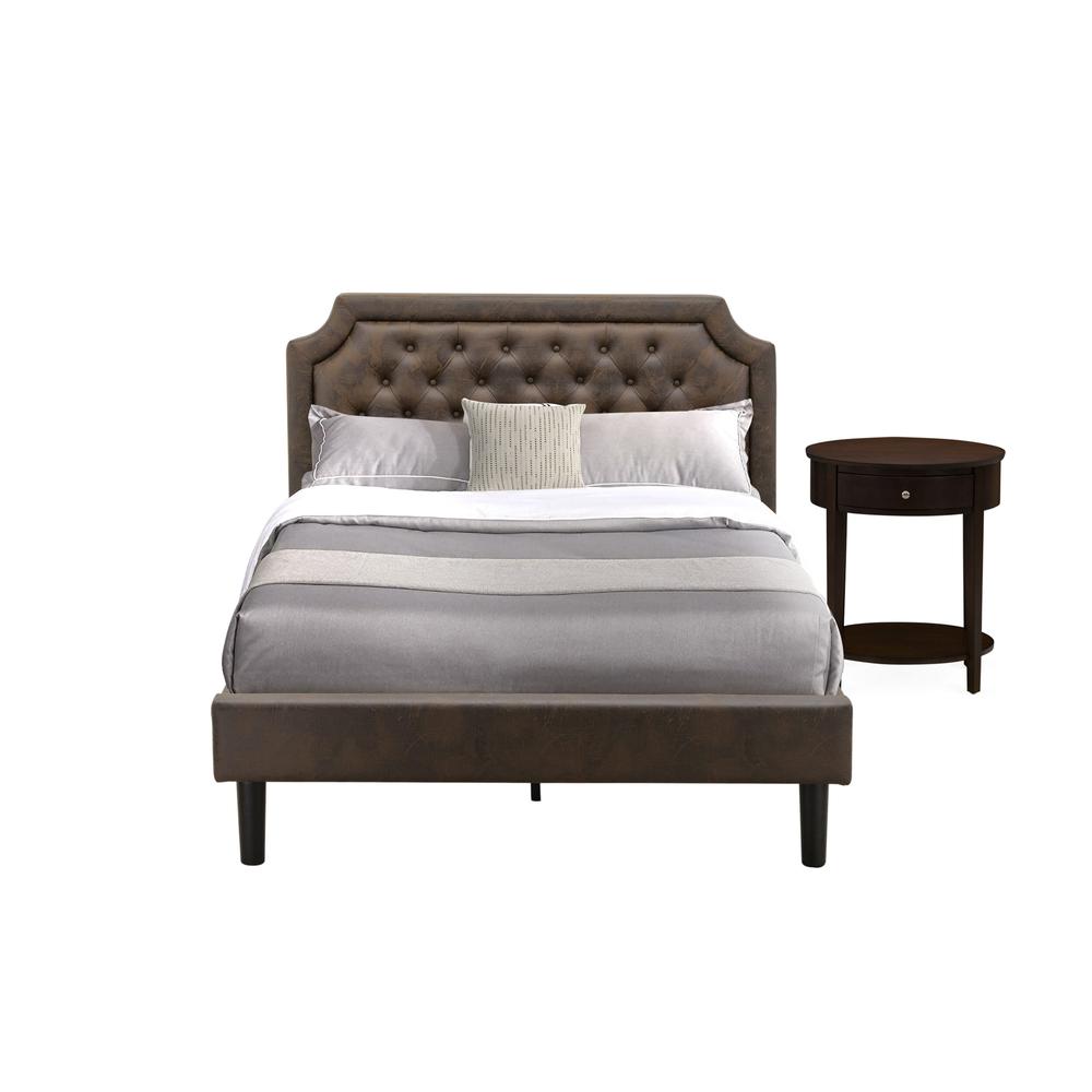 GB25F-1HI0M 2-Pc Platform Full Bedroom Set with Bed Frame and Antique Mahogany End Table - Dark Brown Faux Leather and Black Legs. Picture 1