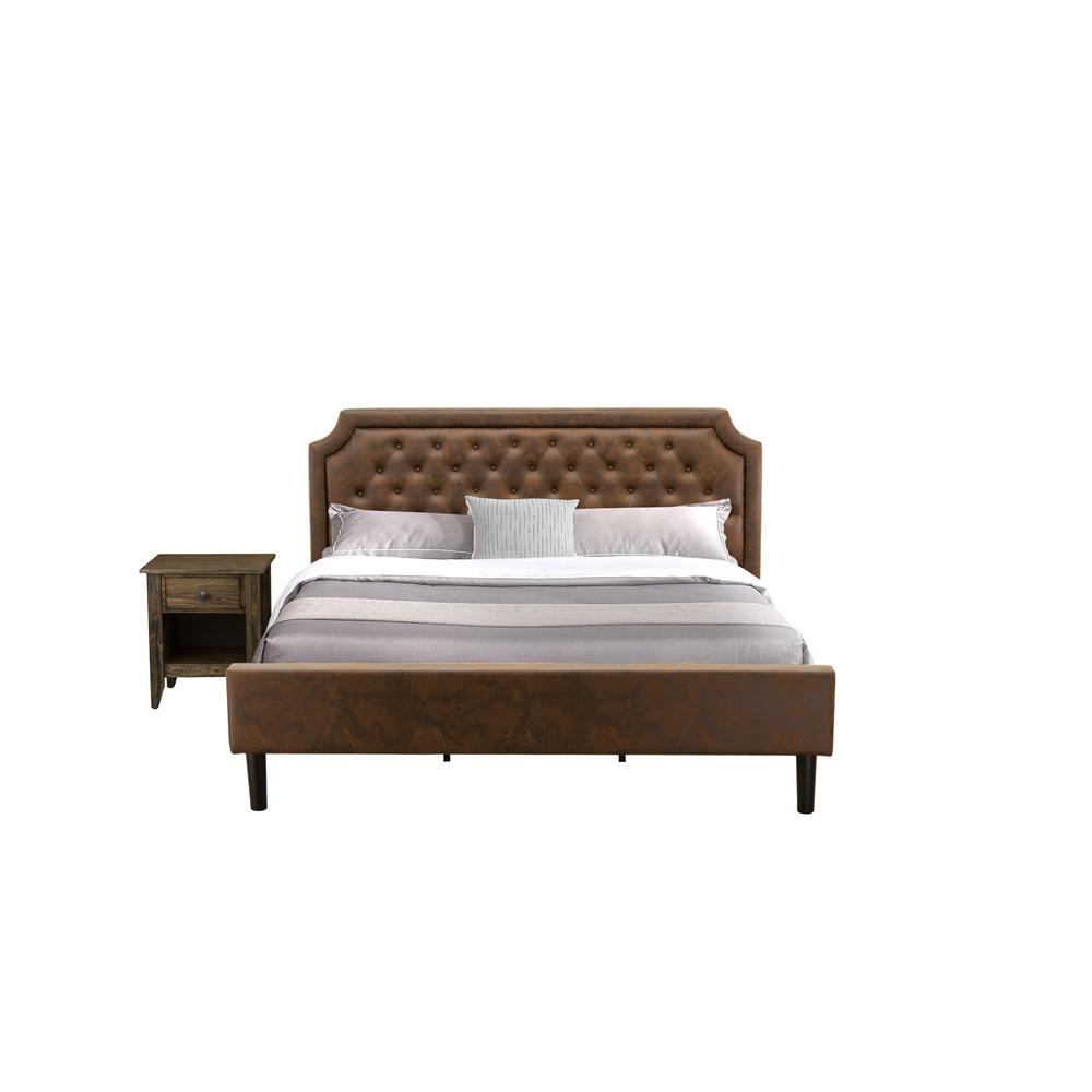 GB25K-1GA07 2-Pc King Bedroom set with Upholstered Bed and Distressed Jacobean Nightstand - Dark Brown Faux Leather and Black Legs. Picture 1
