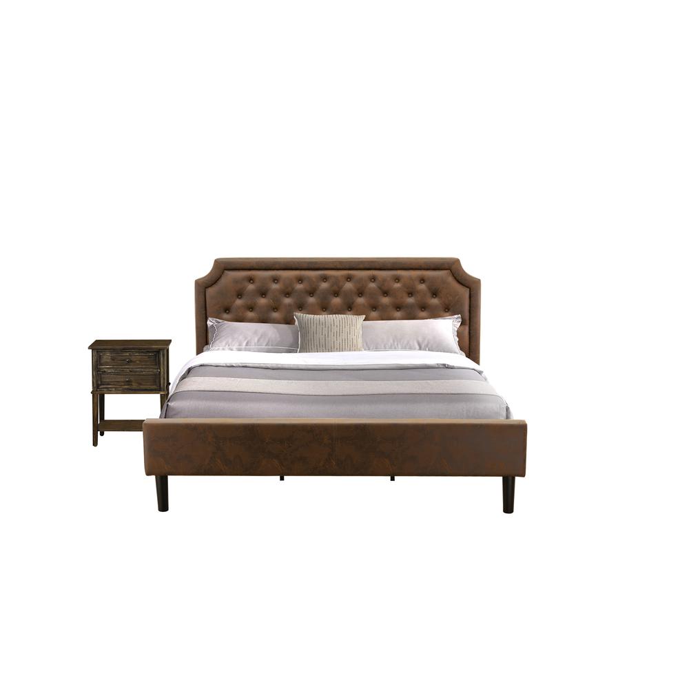 GB25K-1VL07 2-Pc Platform King Bedroom Set with Frame and Distressed Jacobean End Table - Dark Brown Faux Leather and Black Legs. Picture 1